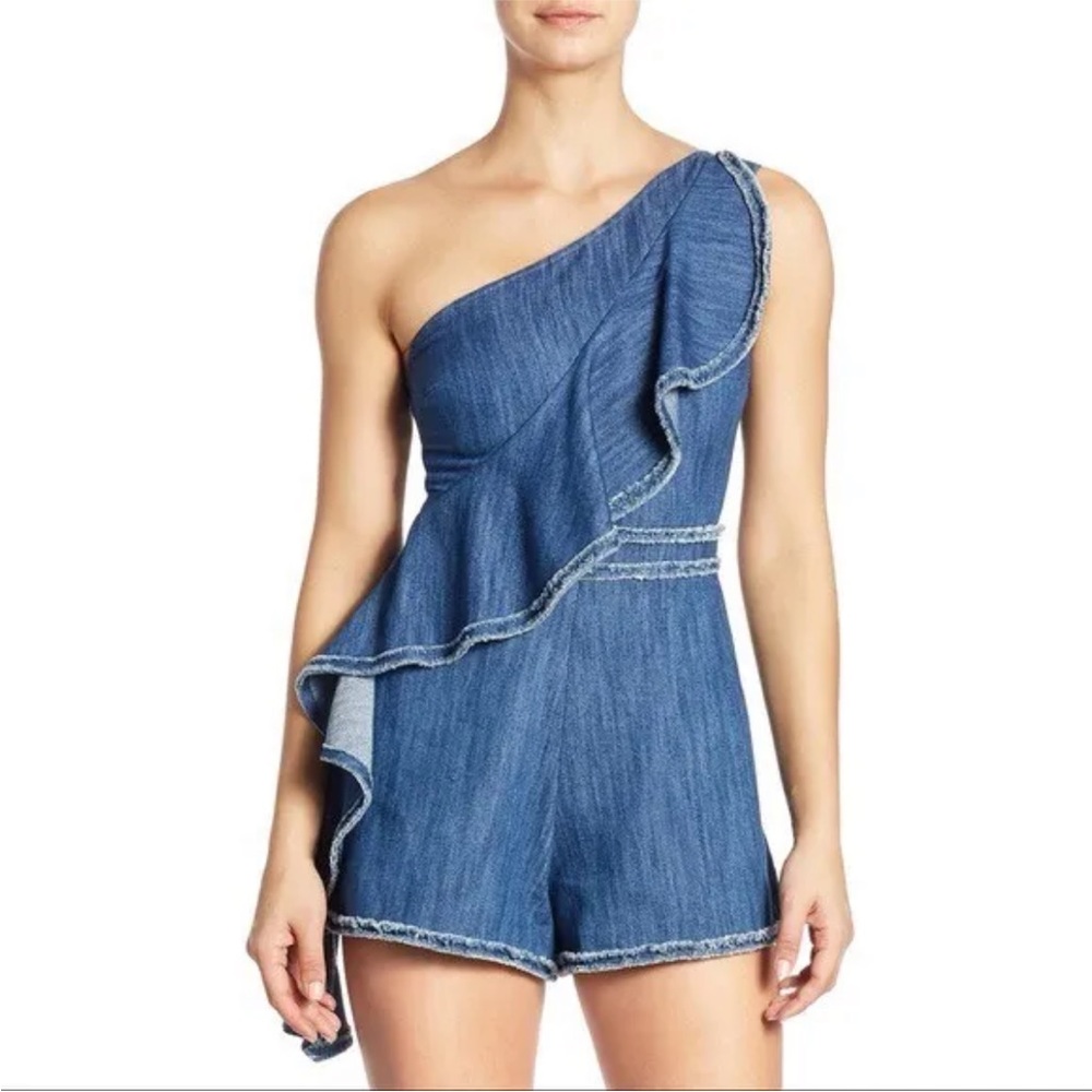 ALEXIS Denim Romper One Shoulder Asymmetrical Ruffle Jean Short JumpSuit BLAKELY